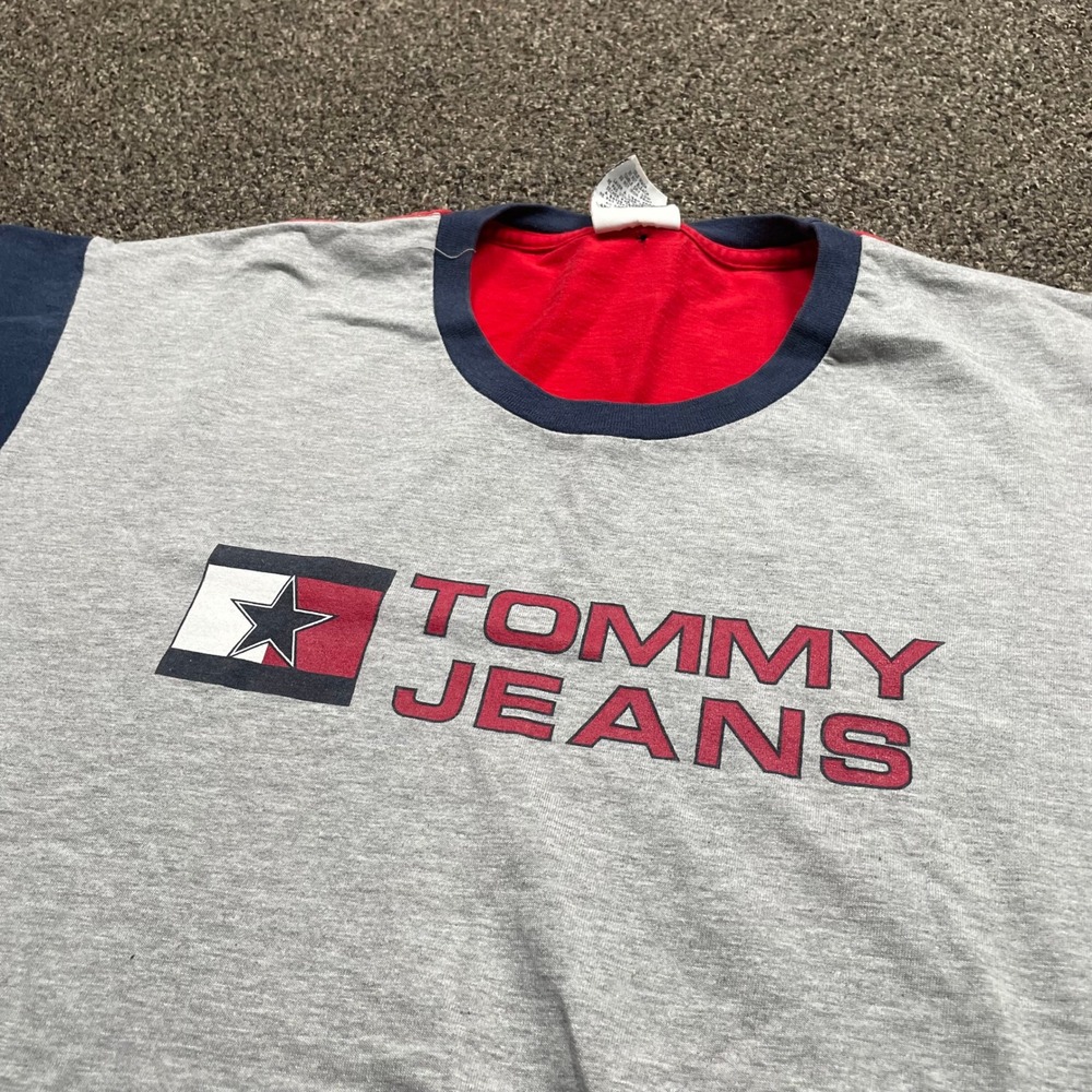 Vintage Tommy Jeans T Shirt Mens Large Colorblock Grey Red Blue Made in USA 90s - Picture 1 of 8